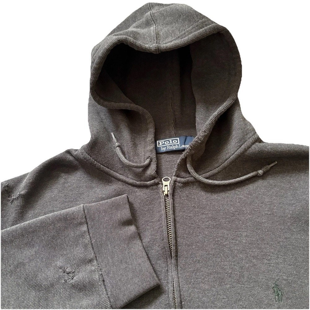 Polo Ralph Lauren Hoodie Mens XL Graphite Full Zip Pony Fleece Distressed Grunge